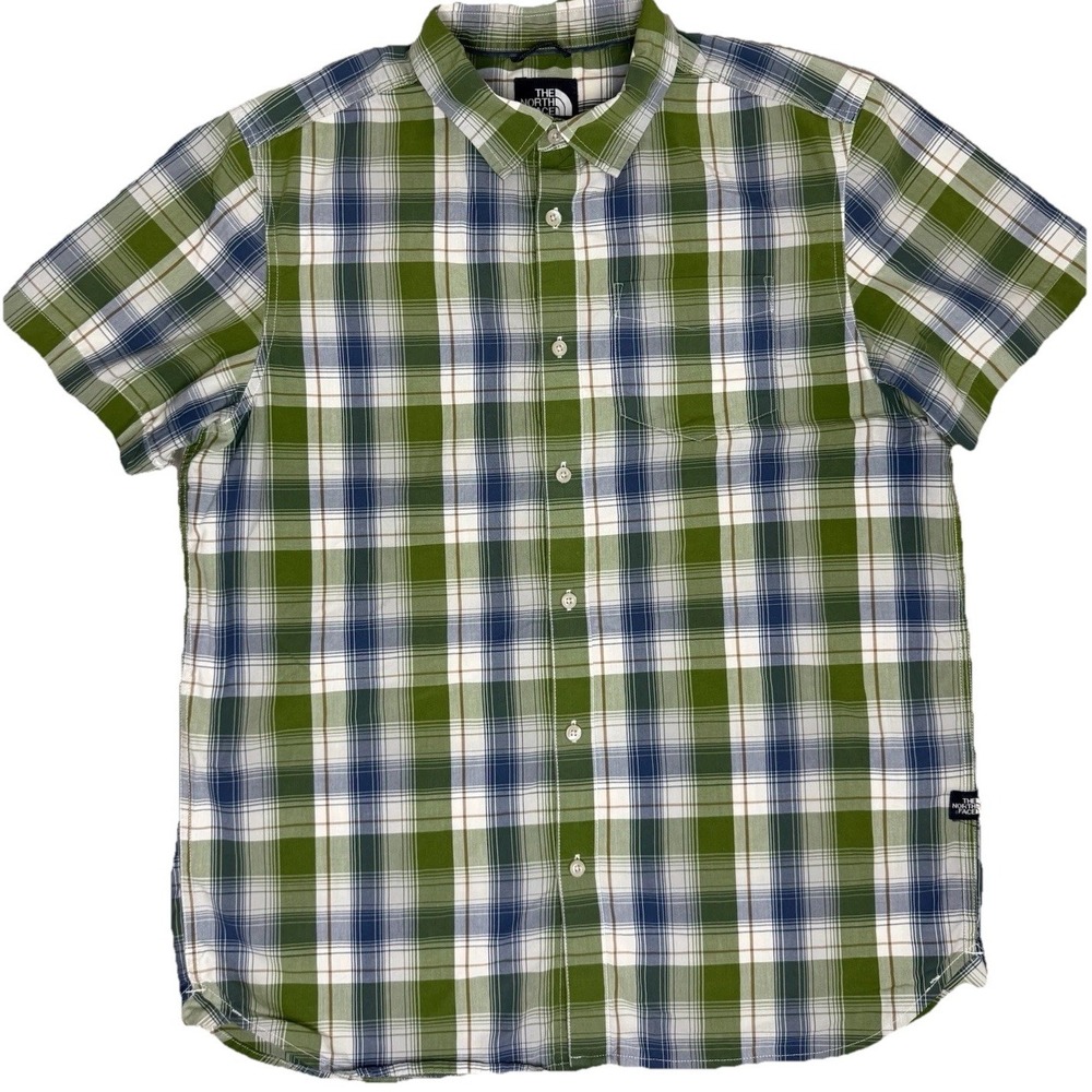 The North Face Shirt Men's L Green Blue Plaid Short Sleeve Button Up Casual - Picture 1 of 7